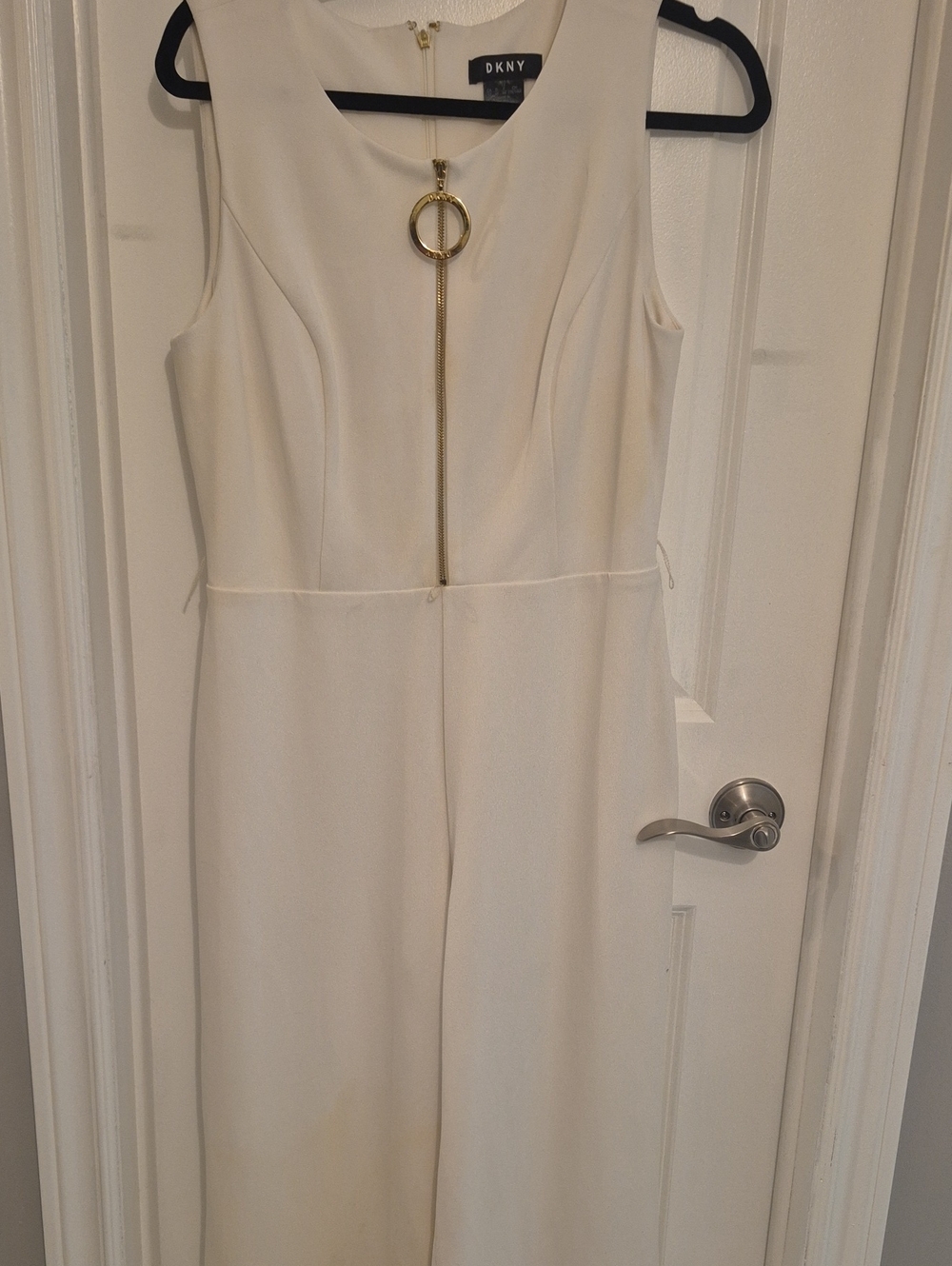 DKNY Cream Sleeveless Jumpsuit with Gold Ring Zip Pull
